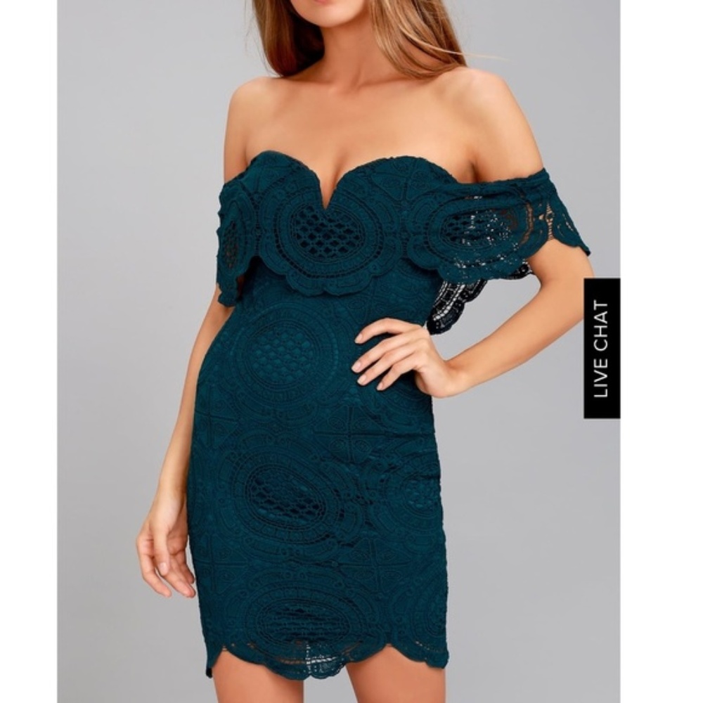 Lulu's BELLISSIMO TEAL BLUE LACE OFF-THE-SHOULDER